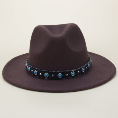 Bohemian Style Woven Leather Belt Denim Fur Felt Hat - Urban Caps