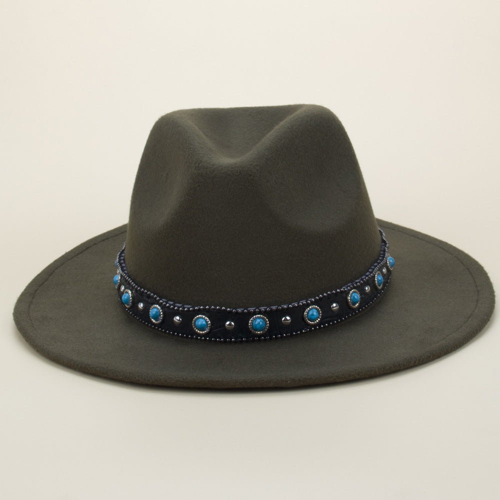 Bohemian Style Woven Leather Belt Denim Fur Felt Hat - Urban Caps