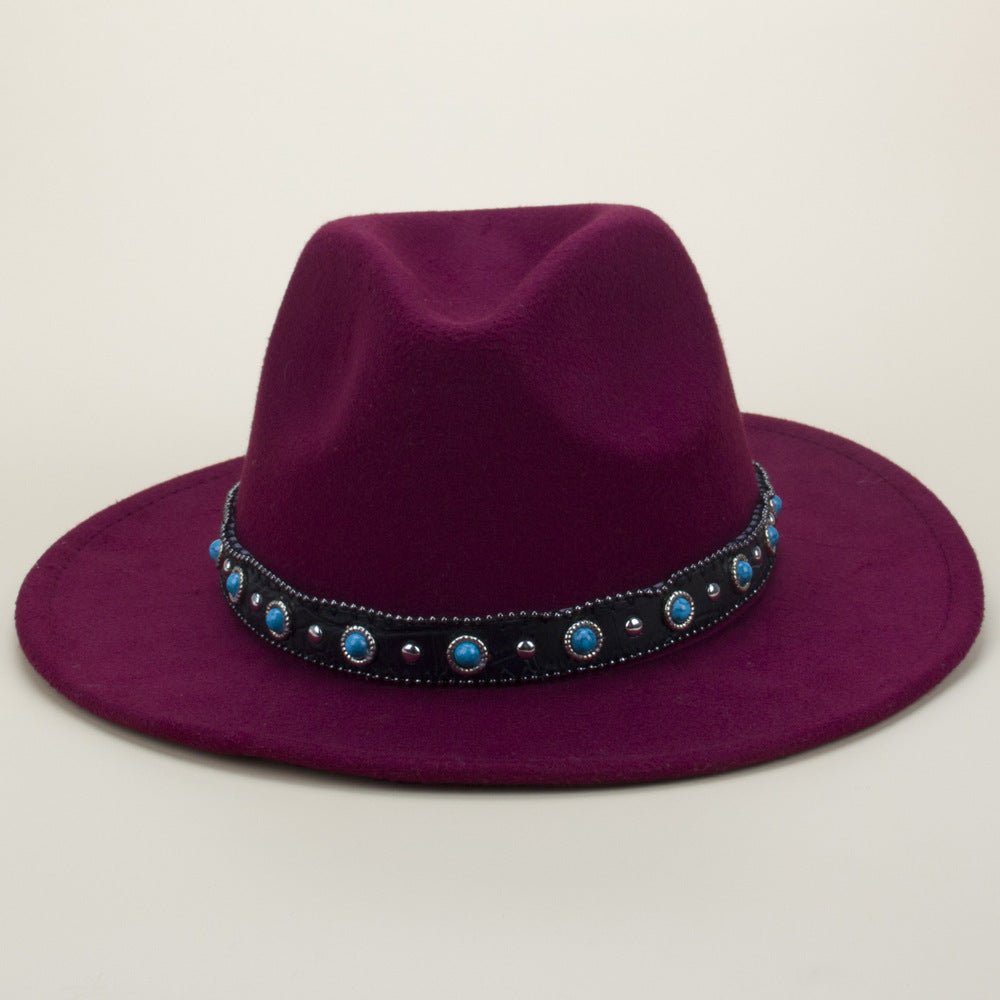 Bohemian Style Woven Leather Belt Denim Fur Felt Hat - Urban Caps