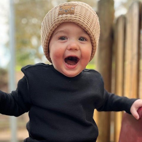 Bronte Kid’s Waffle Knit Acrylic Beanie with Suede Patch - Urban Caps