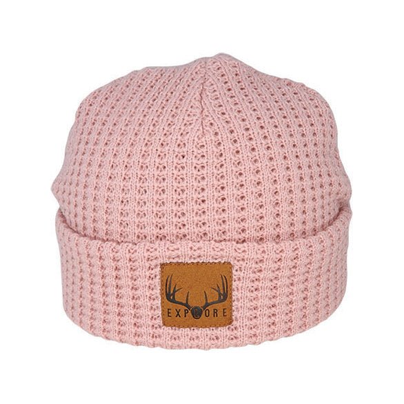Bronte Kid’s Waffle Knit Acrylic Beanie with Suede Patch - Urban Caps