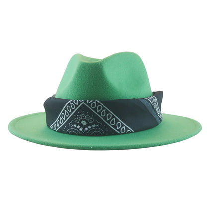 Paisley Ribbon Wide Brim Woolen Top Hat Felt Cowboy Hat - Urban Caps 