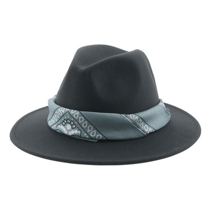 Paisley Ribbon Wide Brim Woolen Top Hat Felt Cowboy Hat - Urban Caps 