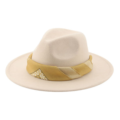 Paisley Ribbon Wide Brim Woolen Top Hat Felt Cowboy Hat - Urban Caps 