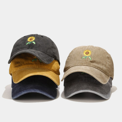 Washed-Out Vintage SUNFLOWER Embroidered Peaked Cap Outdoor Travel