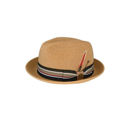 Campbell Fine Braid Natural Fibre Snap Brim Trilby Hat with Ribbon Band and Feather - Urban Caps
