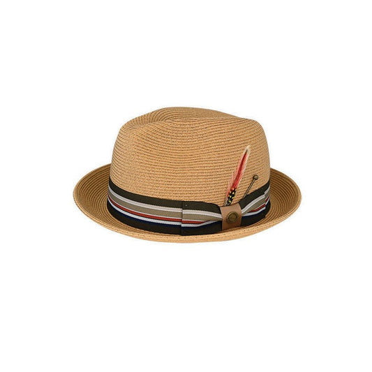 Campbell Fine Braid Natural Fibre Snap Brim Trilby Hat with Ribbon Band and Feather - Urban Caps