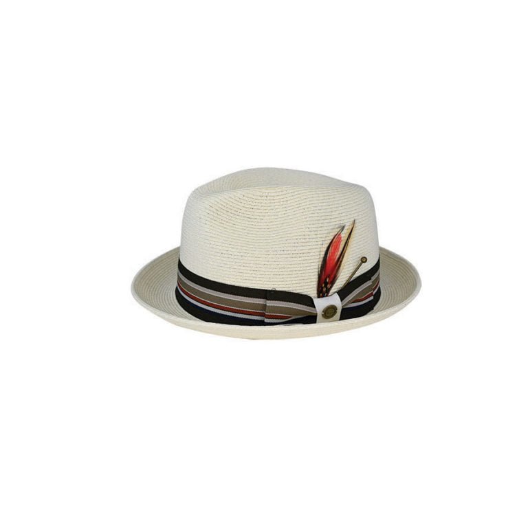 Campbell Fine Braid Natural Fibre Snap Brim Trilby Hat with Ribbon Band and Feather - Urban Caps