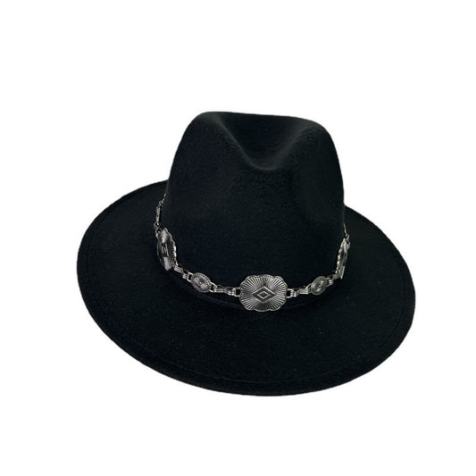 Hat Silver Square Chain Top Hat Wide Brim Flat Edge Woolen Fedora Hat - Urban Caps 
