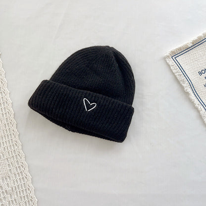 Heart Embroidery Solid Color Children Woolen Knitted Hat - Urban Caps 