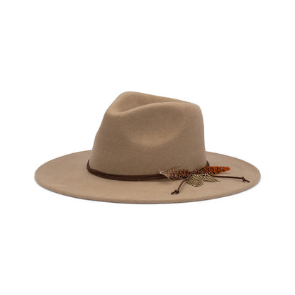 Clover Wide Brim Fedora Hat in Australian Wool with Feather Accent - Urban Caps