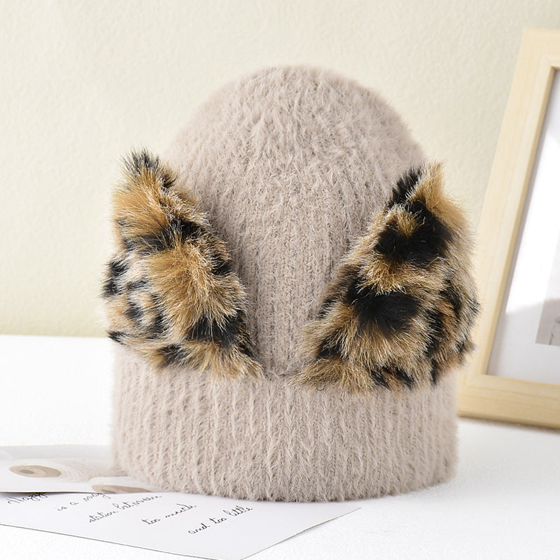 New Leopard Print Cat Ear Stretch Knitted Woolen Hat - Urban Caps 