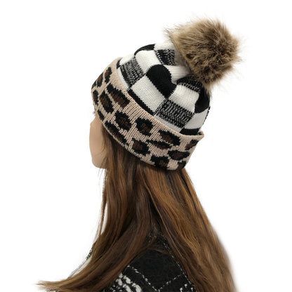 Plaid Fur Ball Knitted Hat Women's Warm Beanie Hat Jacquard Hat Woolen Cap Sleeve Cap - Urban Caps 