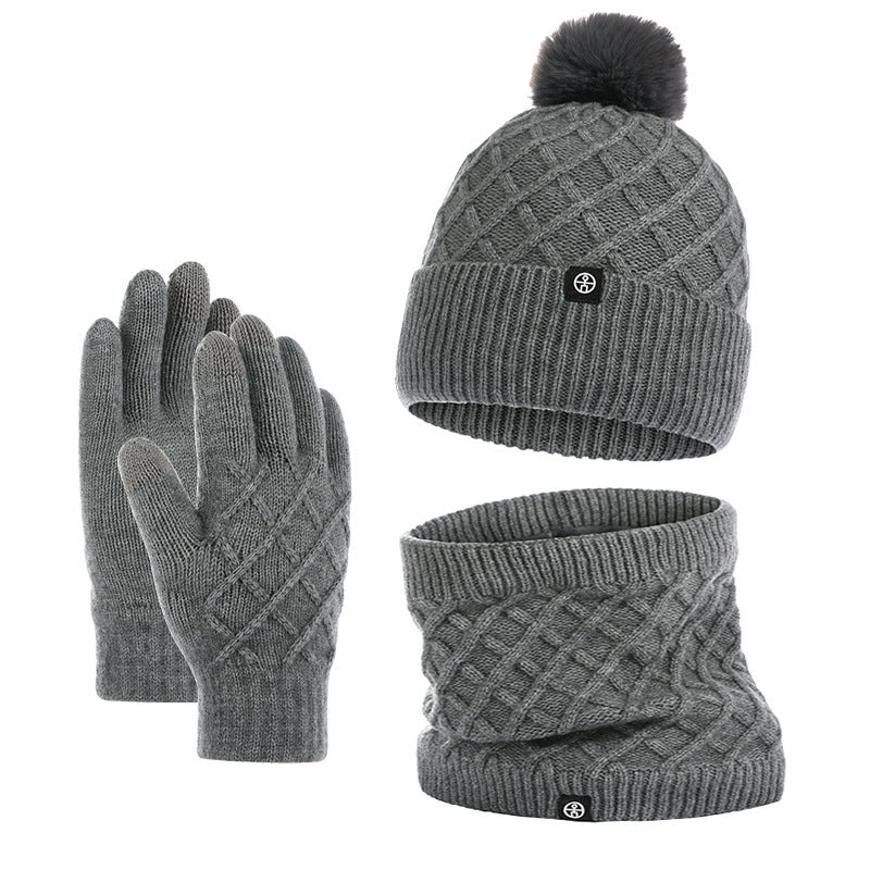 Autumn And Winter Hat Scarf Gloves Knitted Hat Amazon Outdoor Fleece-lined Warm Fur Ball Thickened Woolen Cap Three-piece Set - Urban Caps 