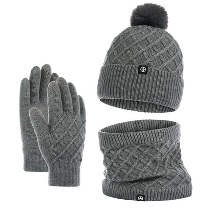 Autumn And Winter Hat Scarf Gloves Knitted Hat Amazon Outdoor Fleece-lined Warm Fur Ball Thickened Woolen Cap Three-piece Set - Urban Caps 
