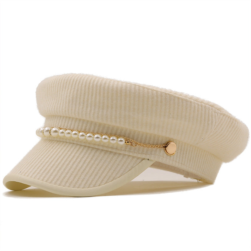 Solid Color Pearl Chain Korean Style Peaked Beret Cap - Urban Caps 