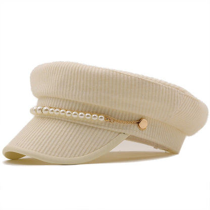 Solid Color Pearl Chain Korean Style Peaked Beret Cap - Urban Caps 