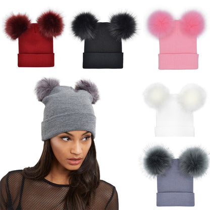 Double Pom Pom Knit Beanie – Cute Winter Wool Hat for Women - Urban Caps