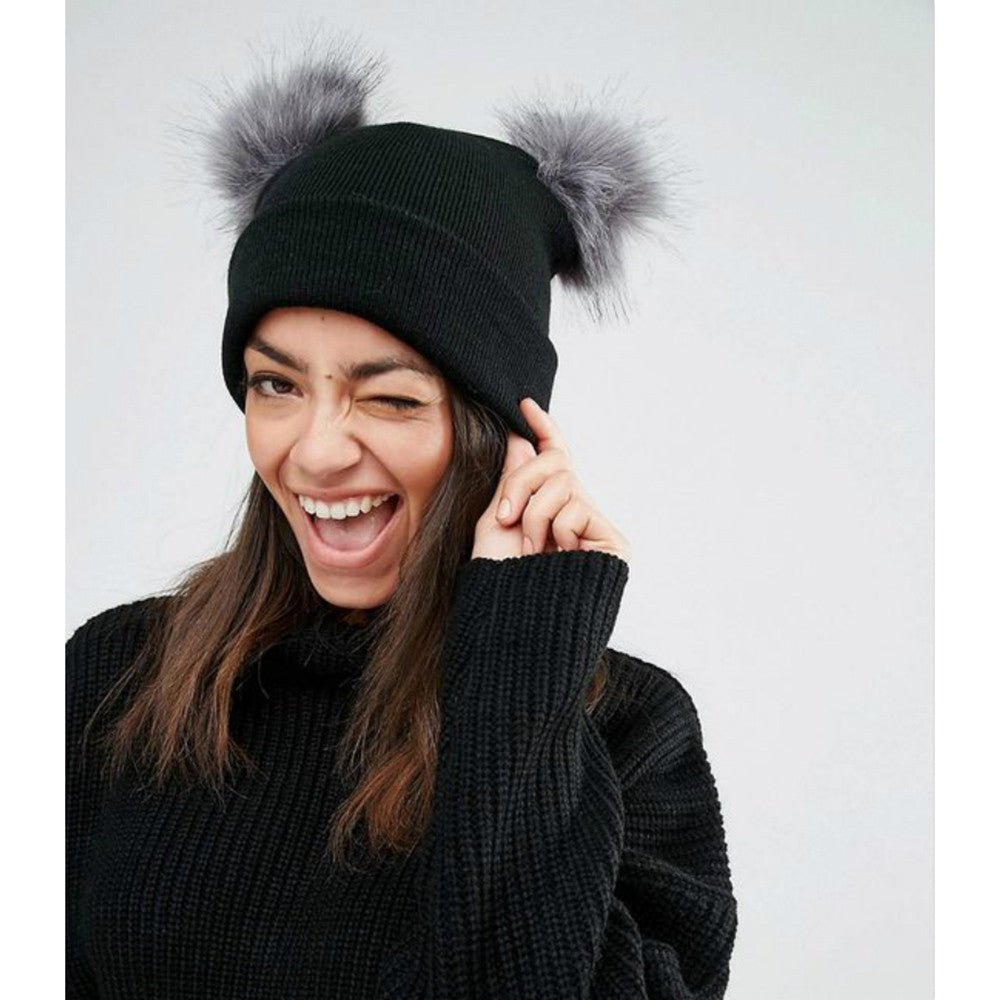 Double Pom Pom Knit Beanie – Cute Winter Wool Hat for Women - Urban Caps