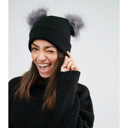 Double Pom Pom Knit Beanie – Cute Winter Wool Hat for Women - Urban Caps