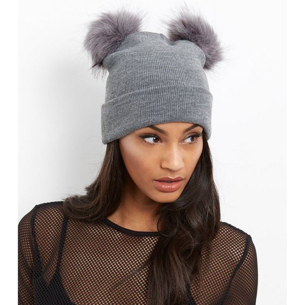 Double Pom Pom Knit Beanie – Cute Winter Wool Hat for Women - Urban Caps