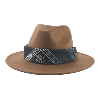 Paisley Ribbon Wide Brim Woolen Top Hat Felt Cowboy Hat - Urban Caps 