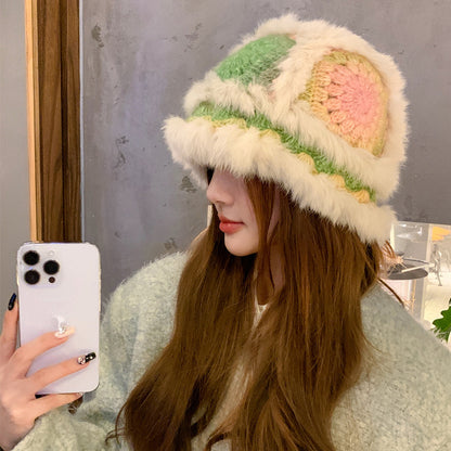 Handmade Knitted Woolen Warm Furry Hat Showing Face Small Bucket Cap - Urban Caps 