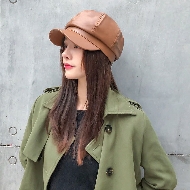 Korean Style Octagon Fashion Ladies Hat Leather Beret - Urban Caps 