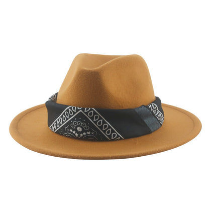 Paisley Ribbon Wide Brim Woolen Top Hat Felt Cowboy Hat - Urban Caps 