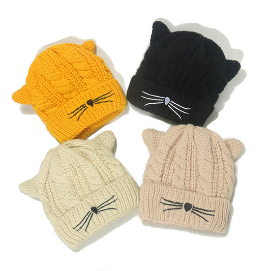 Cute Face-looking Velvet-padded Small Thick Cat Knitted Hat Woolen Cap Female - Urban Caps 