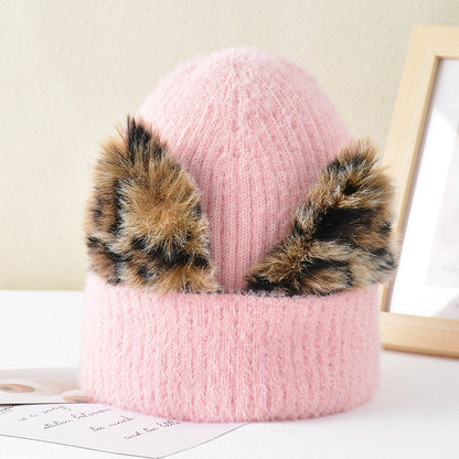 New Leopard Print Cat Ear Stretch Knitted Woolen Hat - Urban Caps 