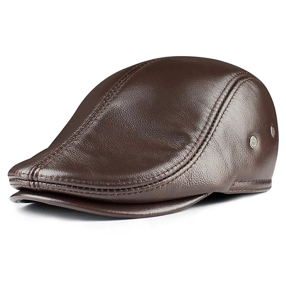 Earflaps Genuine Leather Flat Cap - Timeless Leather Flat Cap With Fold-Down Earflaps