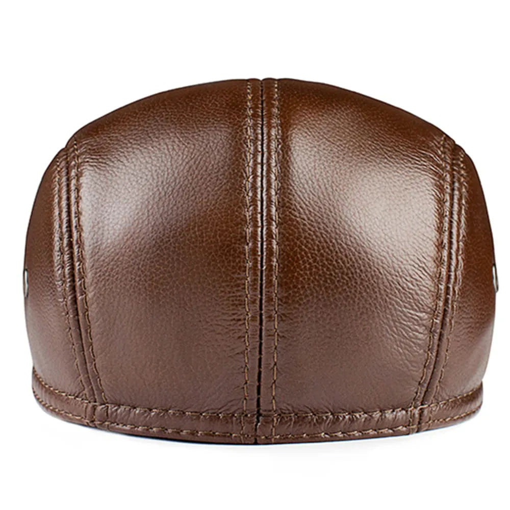 Earflaps Genuine Leather Flat Cap - Timeless Leather Flat Cap With Fold-Down Earflaps