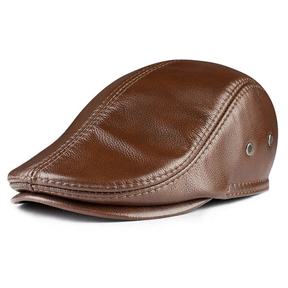 Earflaps Genuine Leather Flat Cap - Timeless Leather Flat Cap With Fold-Down Earflaps