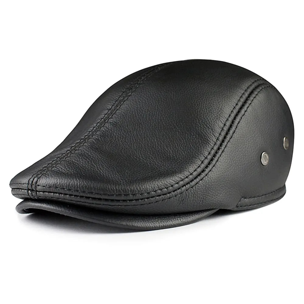 Earflaps Genuine Leather Flat Cap - Timeless Leather Flat Cap With Fold-Down Earflaps