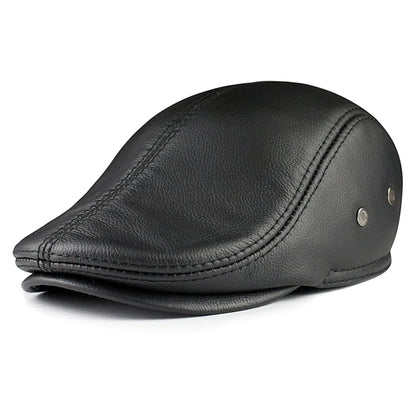 Earflaps Genuine Leather Flat Cap - Timeless Leather Flat Cap With Fold-Down Earflaps