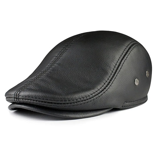 Earflaps Genuine Leather Flat Cap - Timeless Leather Flat Cap With Fold-Down Earflaps