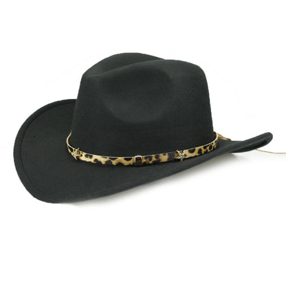 Leopard Print Five-pointed Star Belt Cowboy Hat Men's And Women's Autumn And Winter Woolen Fedora Hat Outdoor Knight Hat Western Cowboy Hat - Urban Caps 