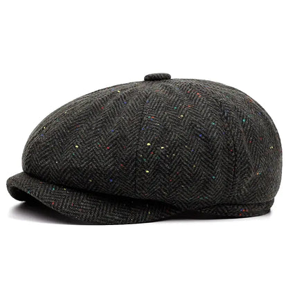 Flecked Herringbone Wool Newsboy Cap - Timeless Wool With Flecked Herringbone Pattern