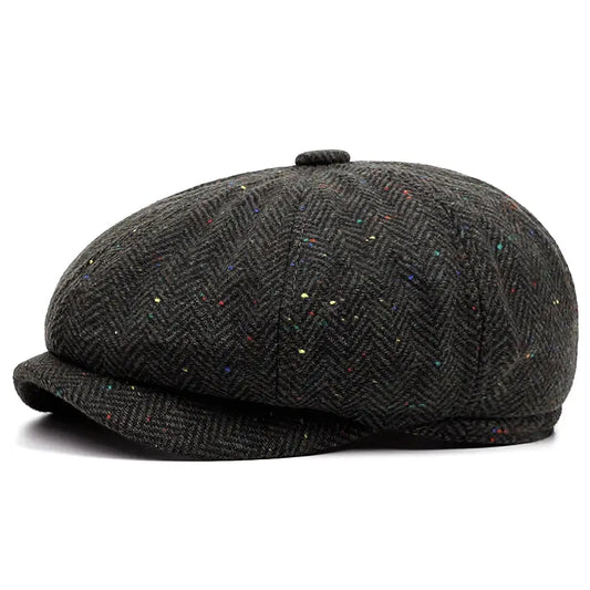 Flecked Herringbone Wool Newsboy Cap - Timeless Wool With Flecked Herringbone Pattern