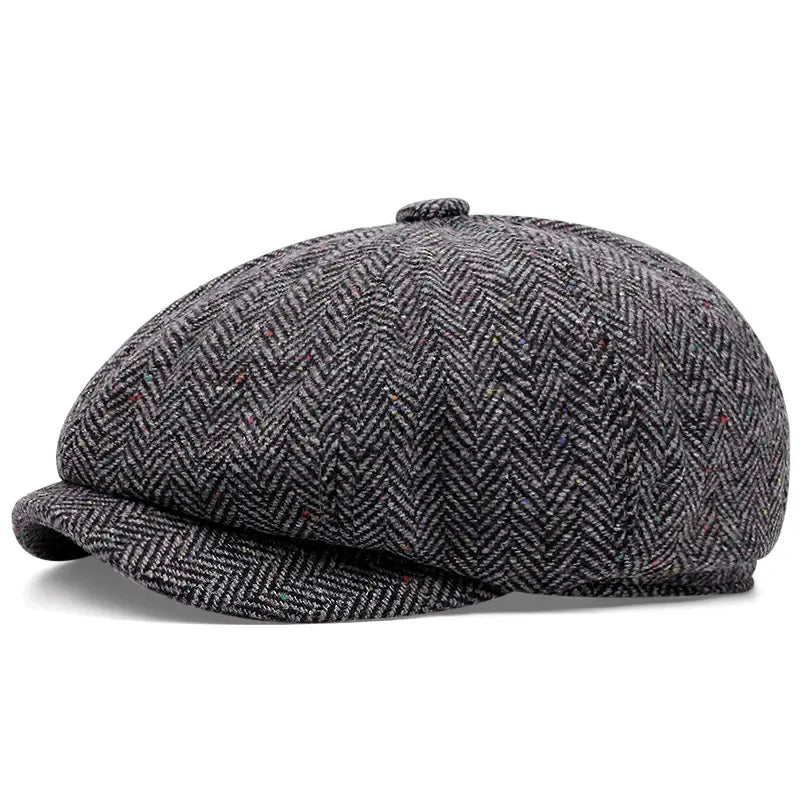 Flecked Herringbone Wool Newsboy Cap - Timeless Wool With Flecked Herringbone Pattern