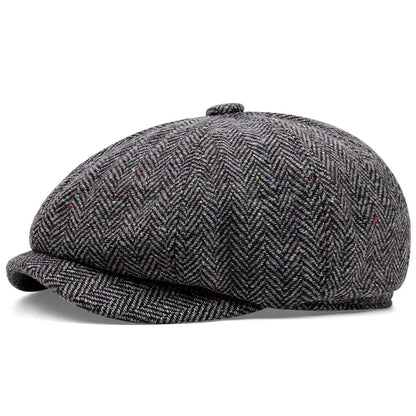 Flecked Herringbone Wool Newsboy Cap - Timeless Wool With Flecked Herringbone Pattern