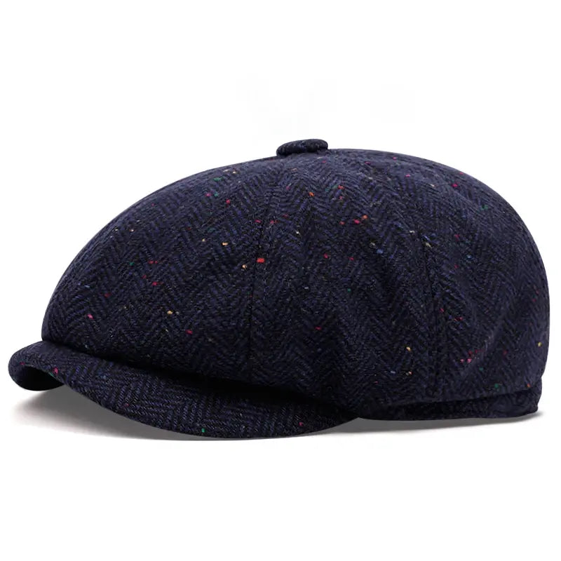 Flecked Herringbone Wool Newsboy Cap - Timeless Wool With Flecked Herringbone Pattern