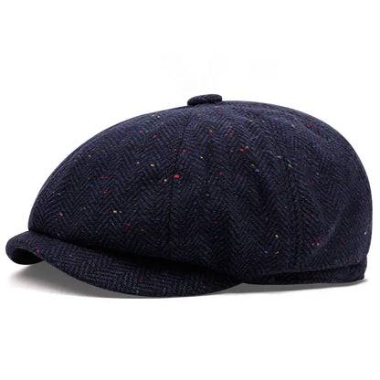 Flecked Herringbone Wool Newsboy Cap - Timeless Wool With Flecked Herringbone Pattern