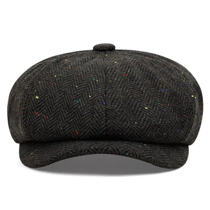 Flecked Herringbone Wool Newsboy Cap - Timeless Wool With Flecked Herringbone Pattern