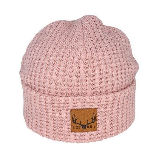 Georgie – Acrylic Waffle Knit Beanie with Suede Explore Patch - Urban Caps
