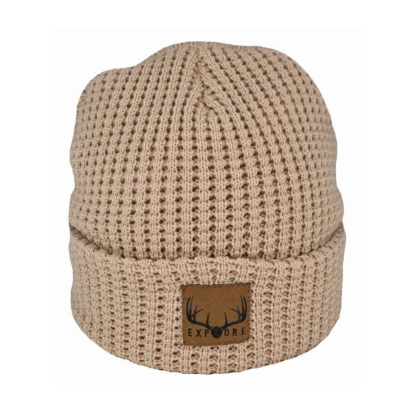 Georgie – Acrylic Waffle Knit Beanie with Suede Explore Patch - Urban Caps