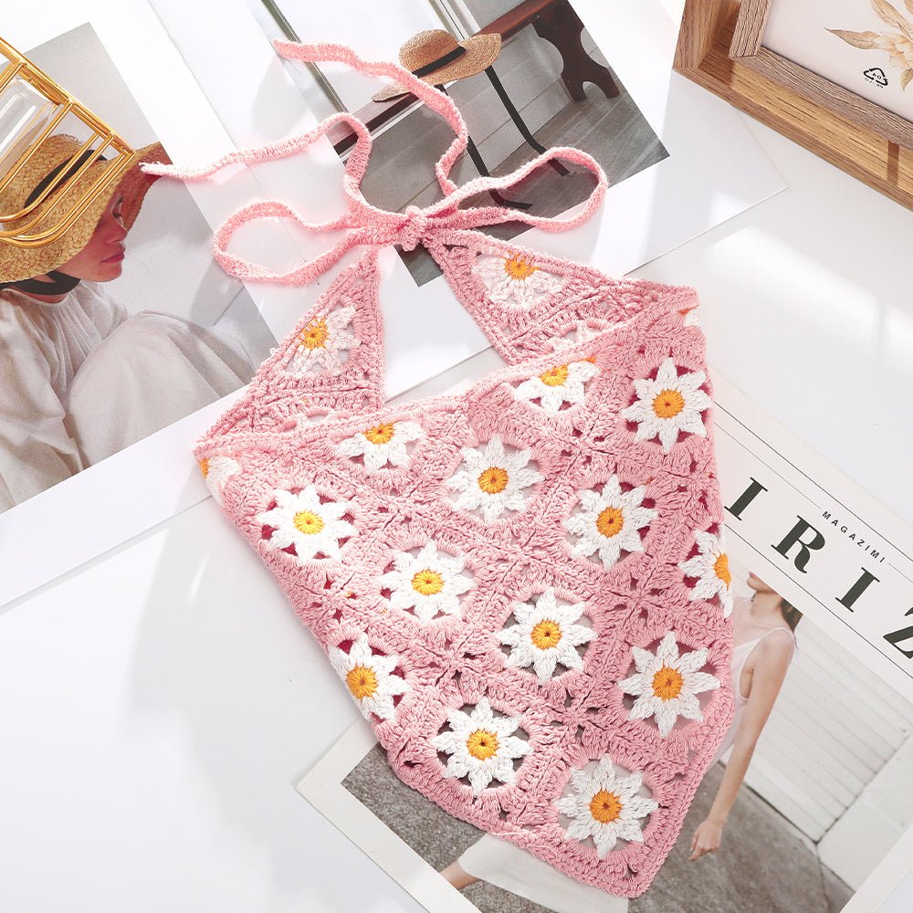 Girl Checker Crochet Triangle Scarf Headband Knitted Flower - Urban Caps