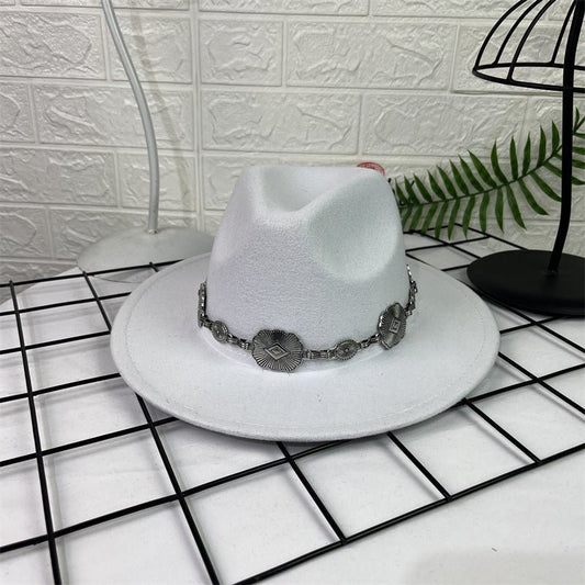 Hat Silver Square Chain Top Hat Wide Brim Flat Edge Woolen Fedora Hat - Urban Caps