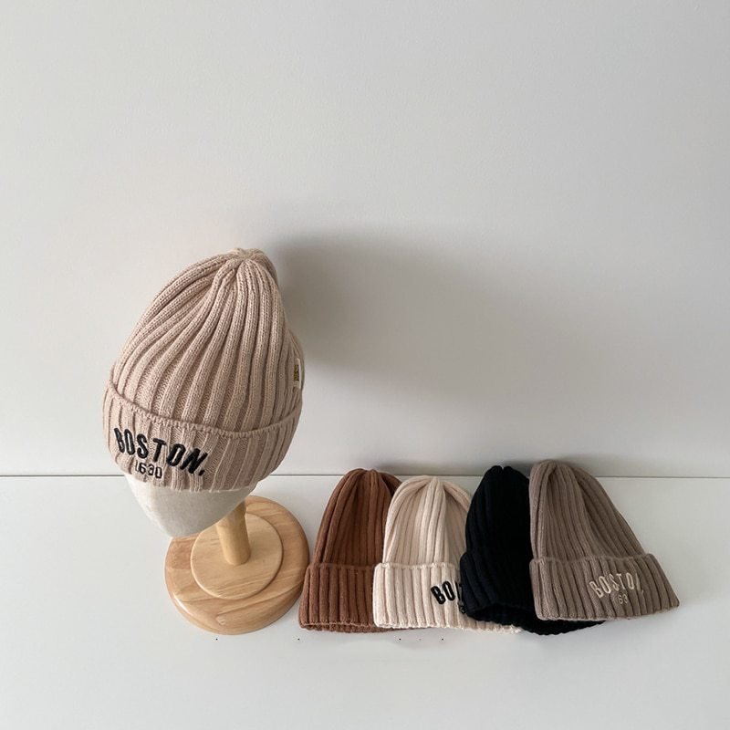 Kids’ BOSTON Letter Beanie – Soft Woolen Knit Winter Hat for Children - Urban Caps
